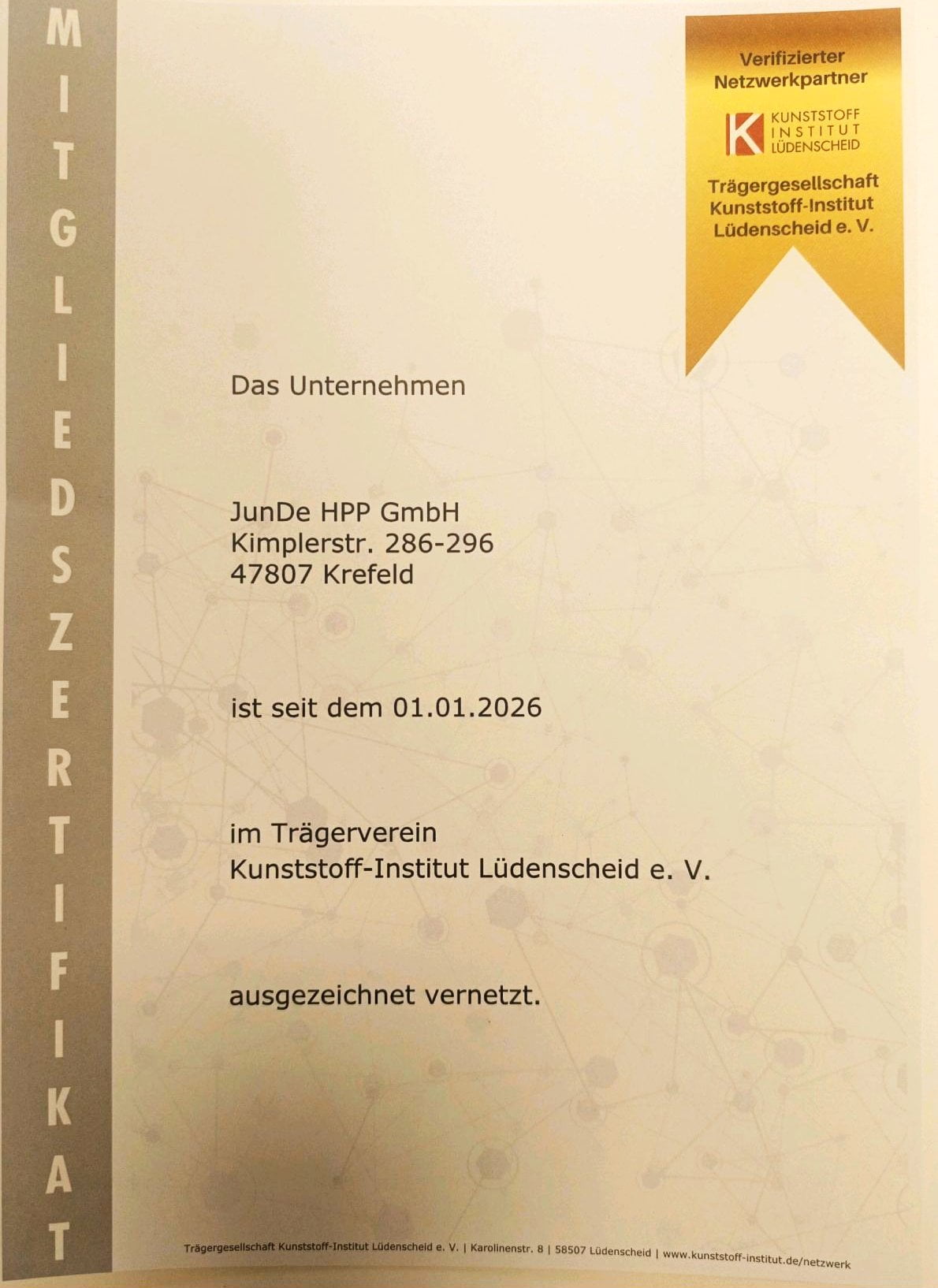 JunDe HPP GmbH wird verifizierter Netzwerkpartner des Kunststoff-Instituts Lüdenscheid - JunDe JunDe HPP GmbH – Kunststoff-Institut Lüdenscheid
